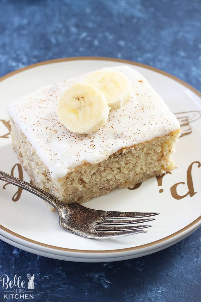 A piece of cake on a plate, with Banana cake