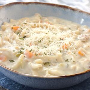 A bowl of soup, with Chicken and noodles