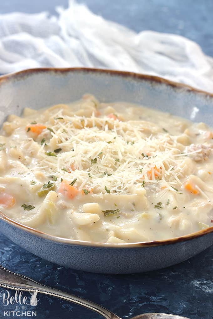 A bowl of soup, with Chicken and noodles