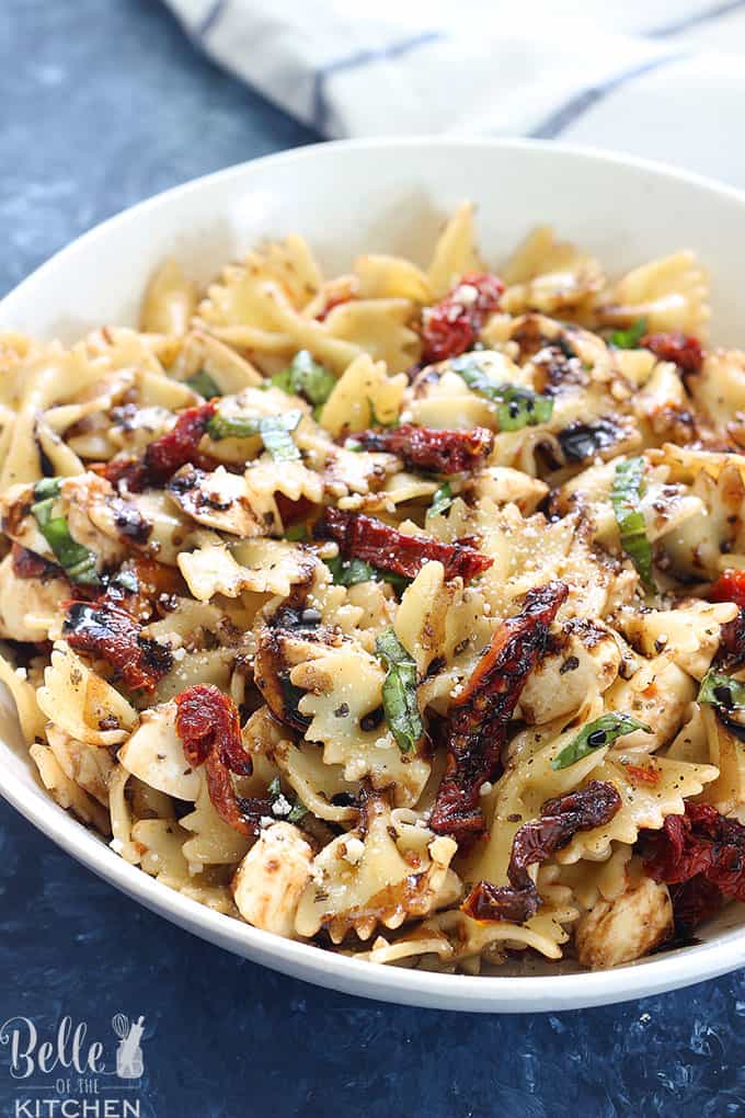 A bowl of pasta Salad with sun dried tomatoes