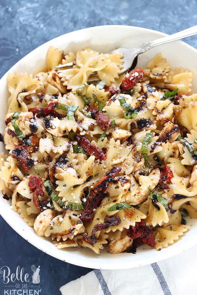 A bowl of Pasta Salad with sun dried tomatoes