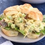 This Greek Yogurt Curry Chicken Salad is simple to make and super flavorful! It's lightened up and packed with protein thanks to Greek yogurt. It tastes amazing as a sandwich, salad, or with pita chips and veggies!