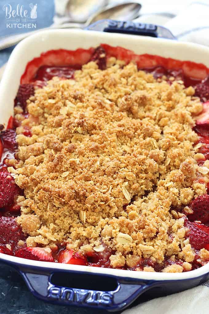 A dish filled with strawberry crisp