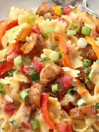 A dish is filled with Pasta and Sausage