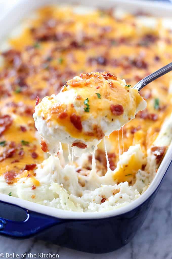 A close up of a spoon of mashed potatoes covered in cheese and bacon
