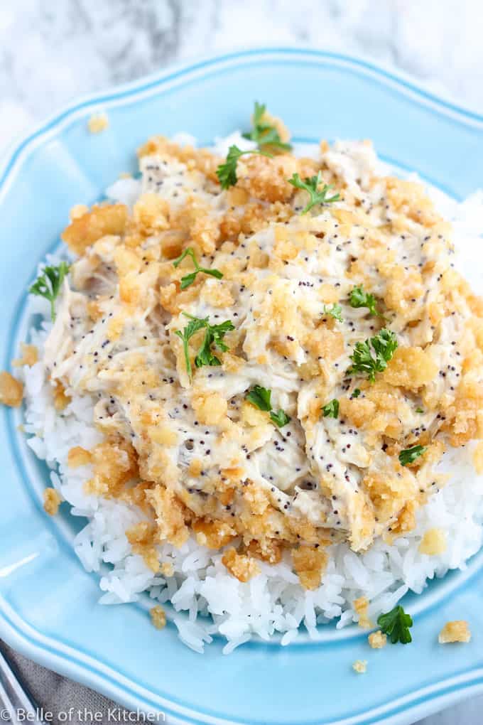 a blue plate with rice, shredded chicken, crushed crackers, and parsley on top