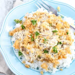 blue plate with rice, chicken, ritz cracker topping, parsley, and a fork on the side
