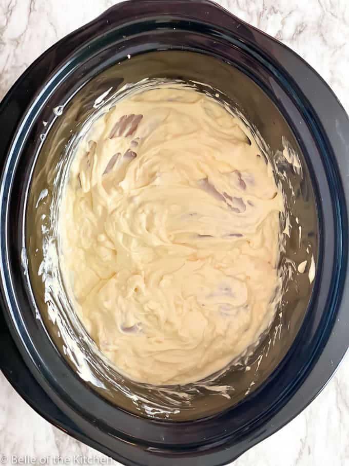 black crockpot bowl with chicken, sour cream, and cream of chicken soup