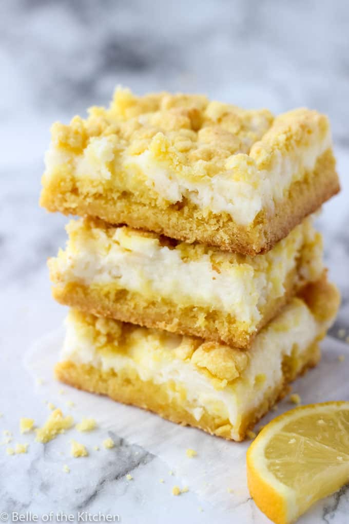 stack of three lemon cheesecake bars