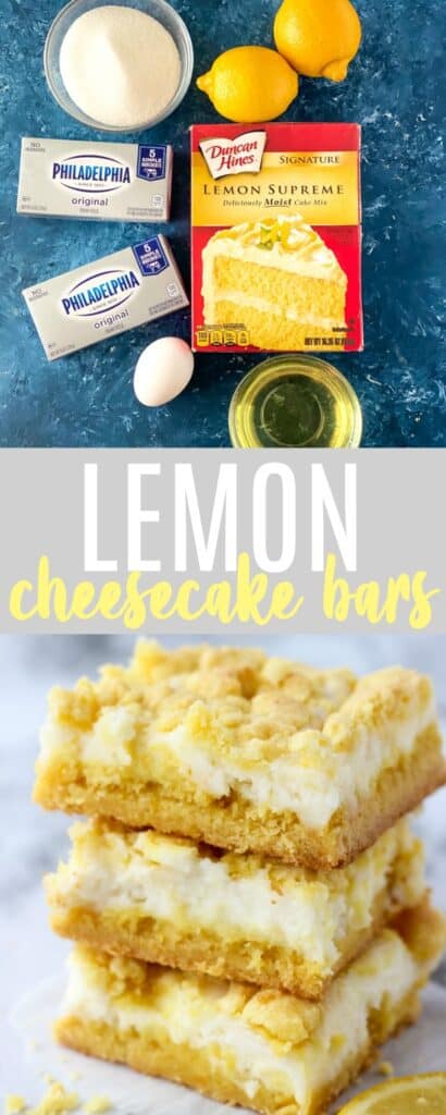 ingredients for lemon cheesecake bars; cream cheese, egg, sugar, lemon juice, lemon cake mix, and vegetable oil
