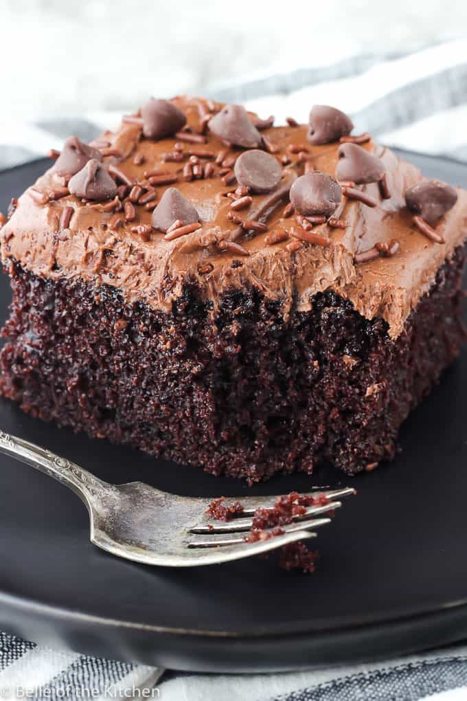 close up shot of piece of chocolate cake with a bite taken out