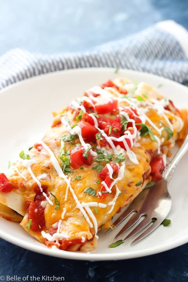 white plate and fork with two beef enchiladas on top