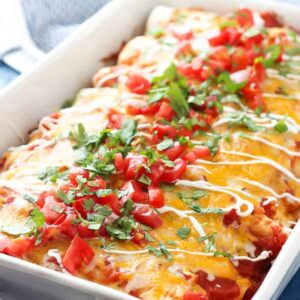 white rectangle casserole dish with enchiladas, diced tomatoes, cilantro, and sour cream