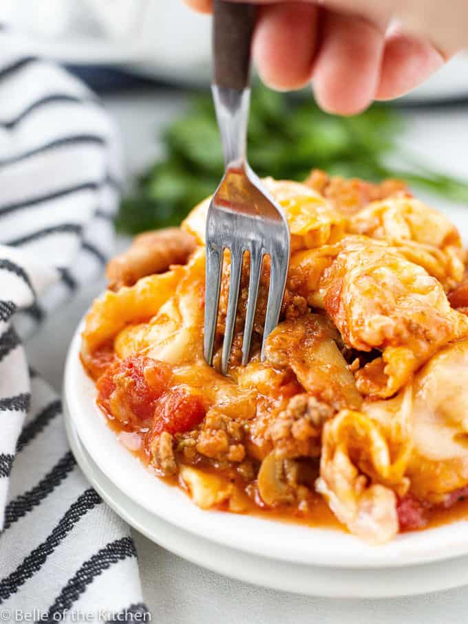 white plate with tortellini and marinara sauce with a fork digging into it