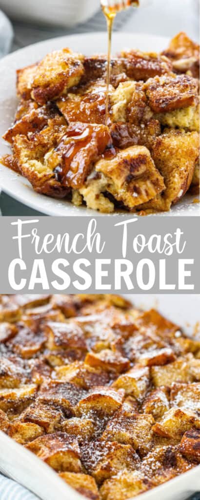 a white baking dish full of french toast casserole with a spoon