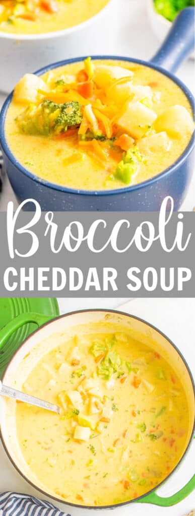 a blue bowl of broccoli cheese soup