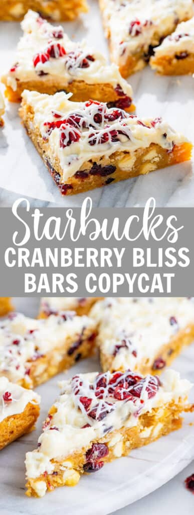 a marble tray full of cranberry bliss bars cut in triangles