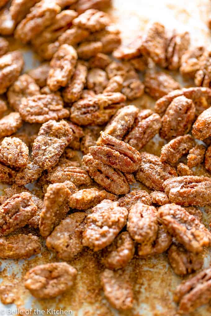 a sheet pan spread with cinnamon roasted pecans