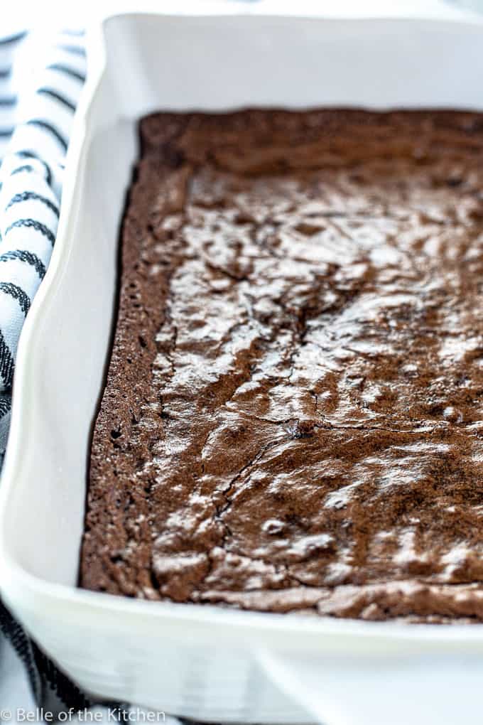 brownies in a white baking dish