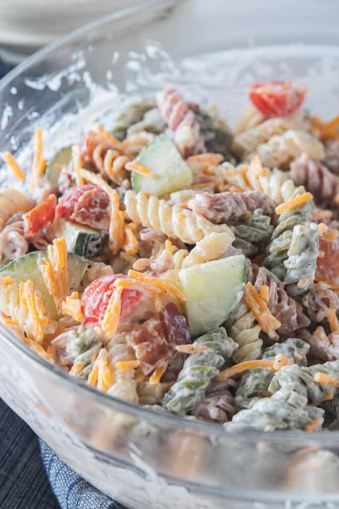 close up of a bowl of pasta salad