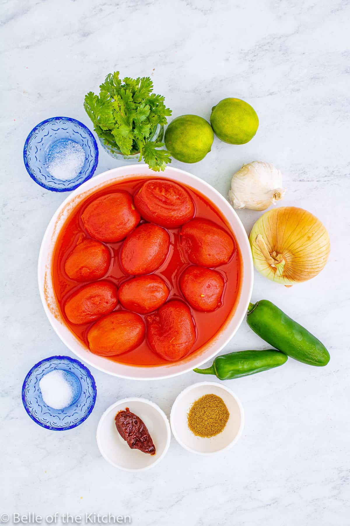 tomatoes in a bowl surrounded by limes, cilantro, and spices