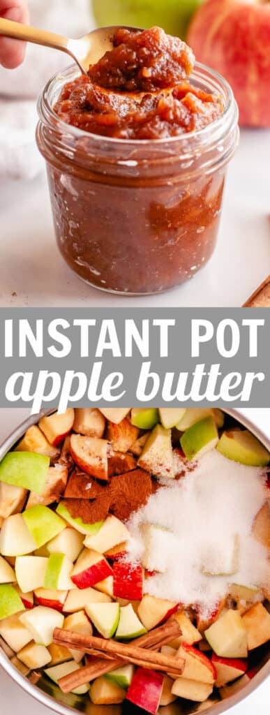 instant pot apple butter in a glass jar with a spoon