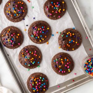 cosmic brownie cookies on a sheet pan