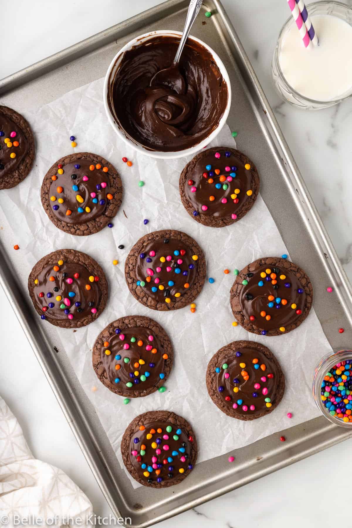 chocolate cookies with icing and sprinkles