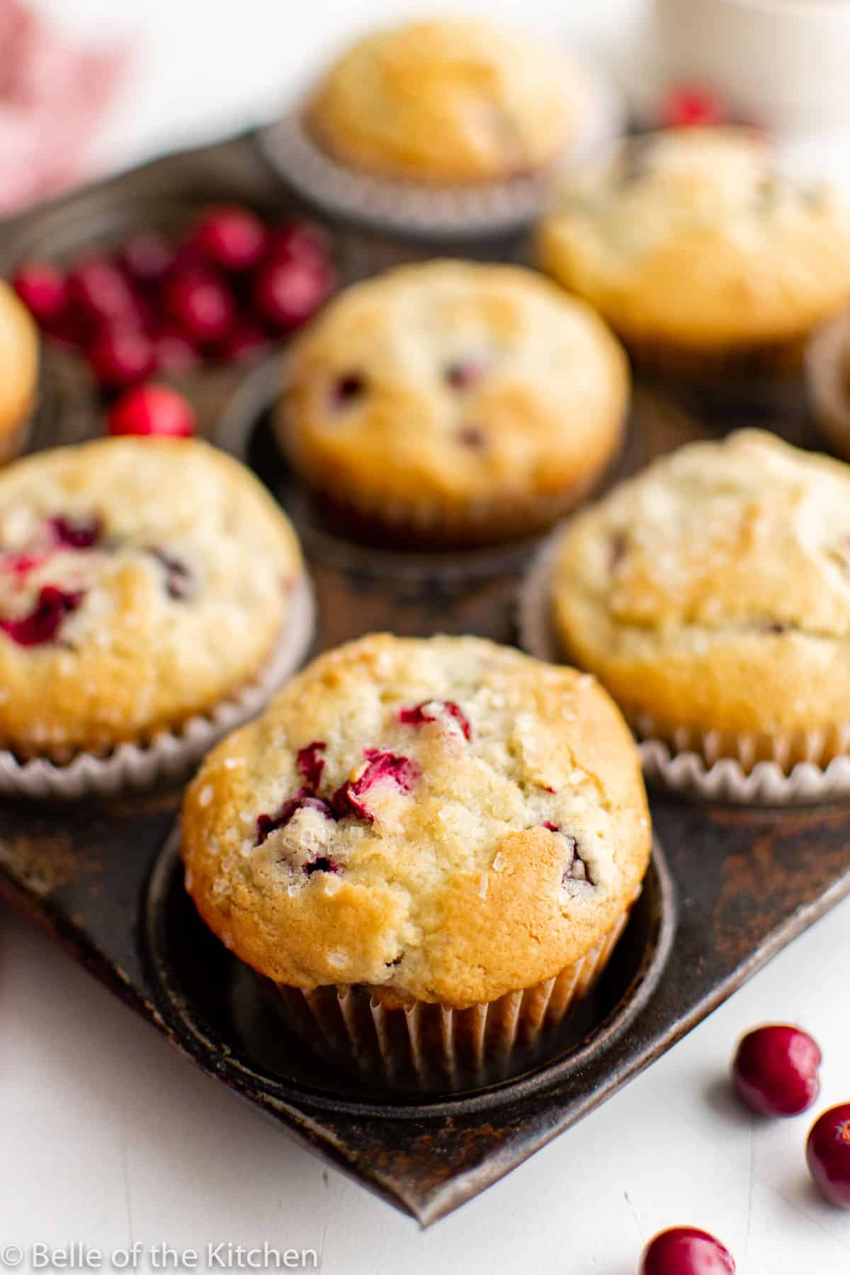 muffins in a muffin tin with fresh cranberries