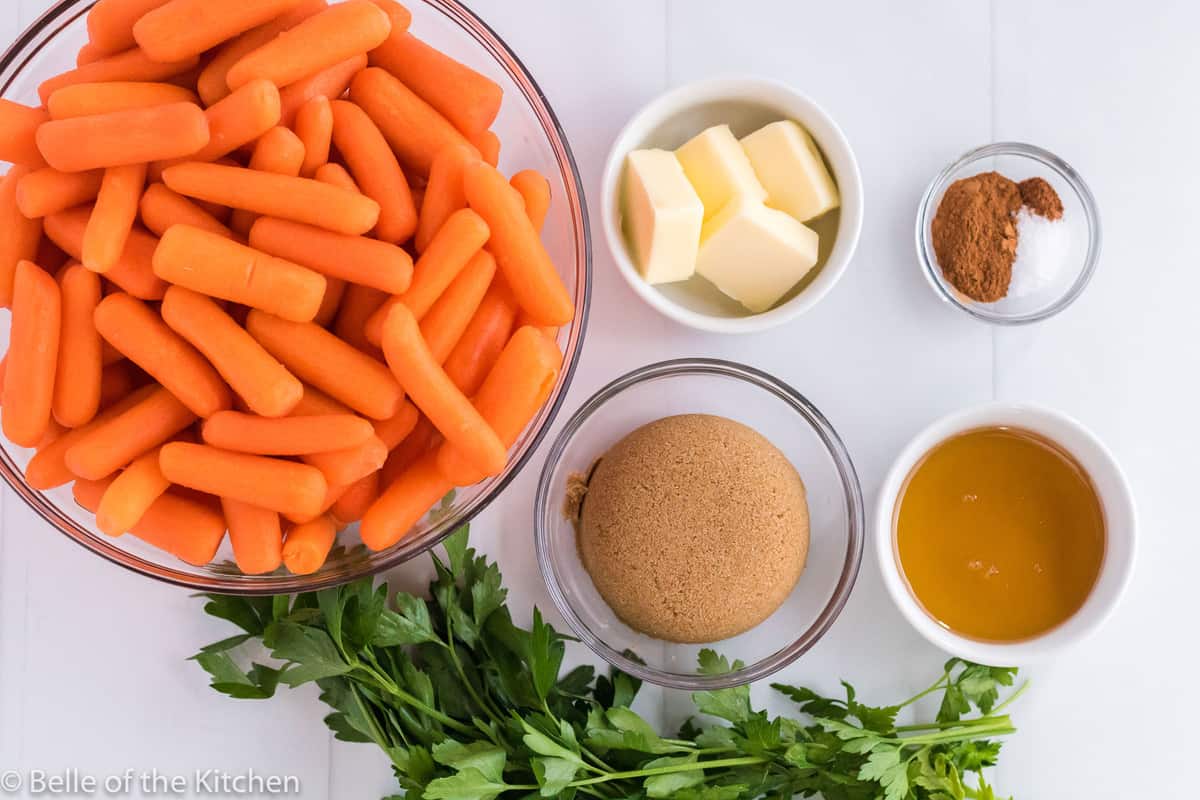 bowls of ingredients to make glazed carrots