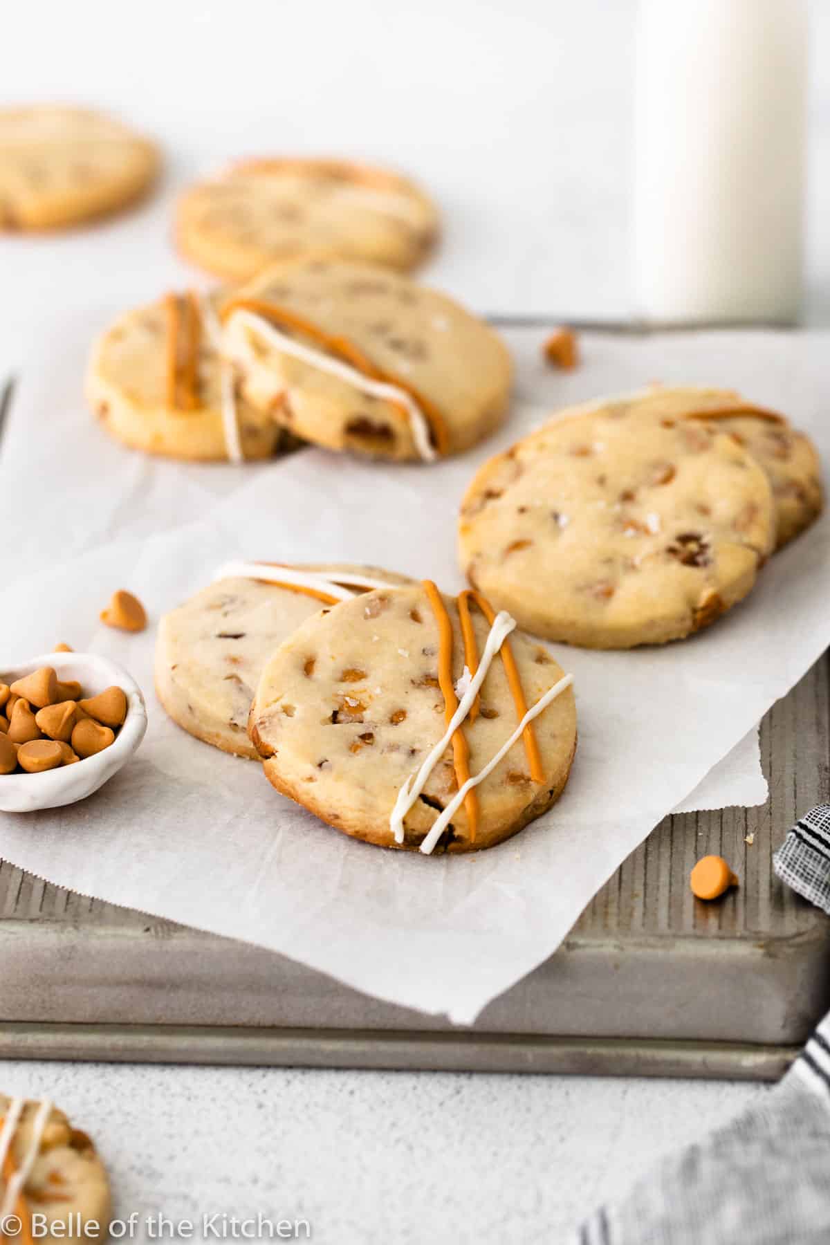 pecan sandies cookies on a cookie sheet
