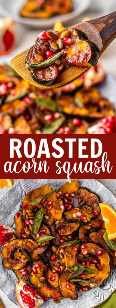 acorn squash slices topped with sage and pomegranate seeds