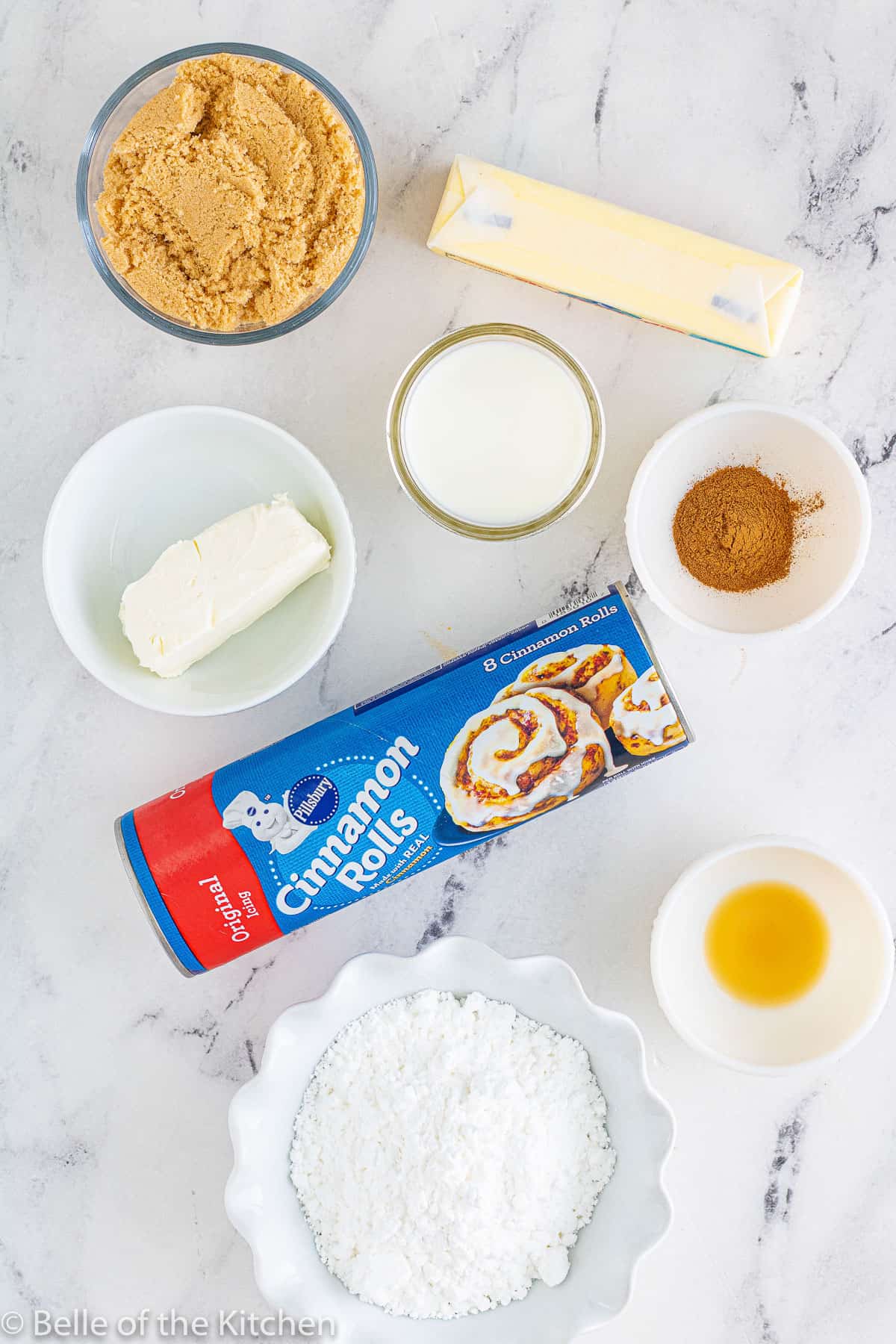 ingredients laid out for cinnamon roll muffins