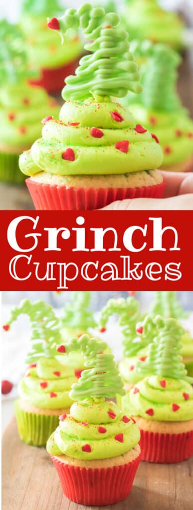 a hand holding a grinch cupcake with a pretzel tree on top