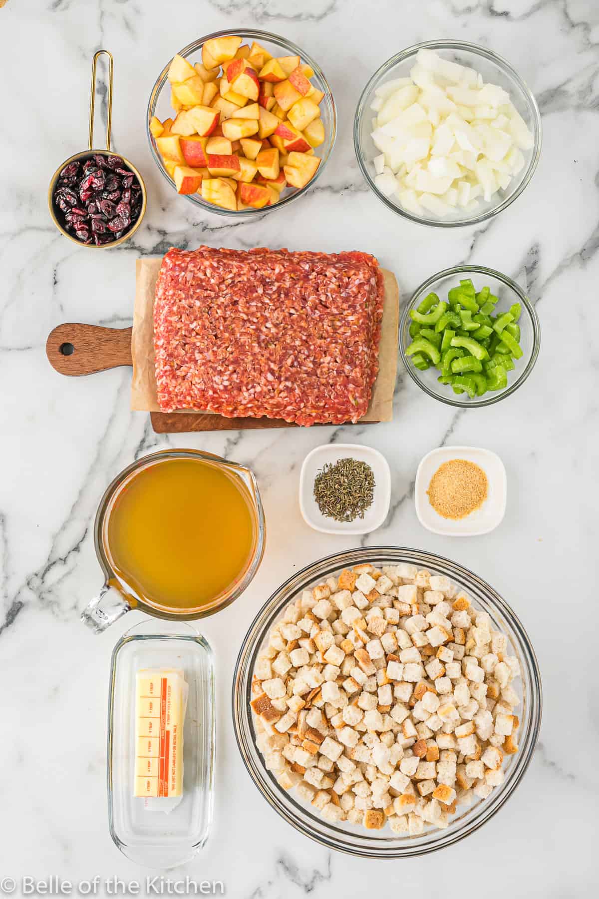 ingredients laid out to make apple sausage stuffing