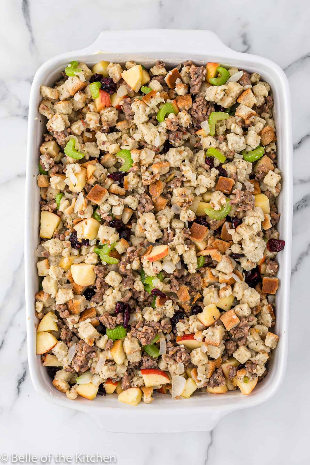 stuffing in a baking dish