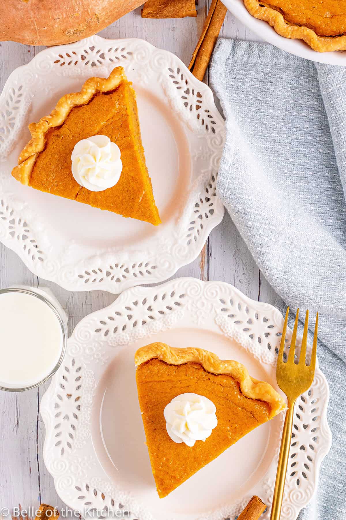 two slices of pie on plates with forks