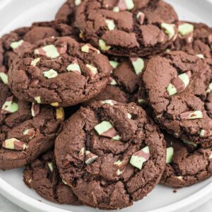 a white plate with mint chocolate cookies
