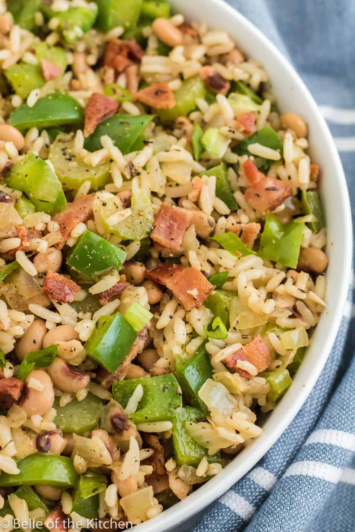 rice, green peppers, and bacon in a bowl