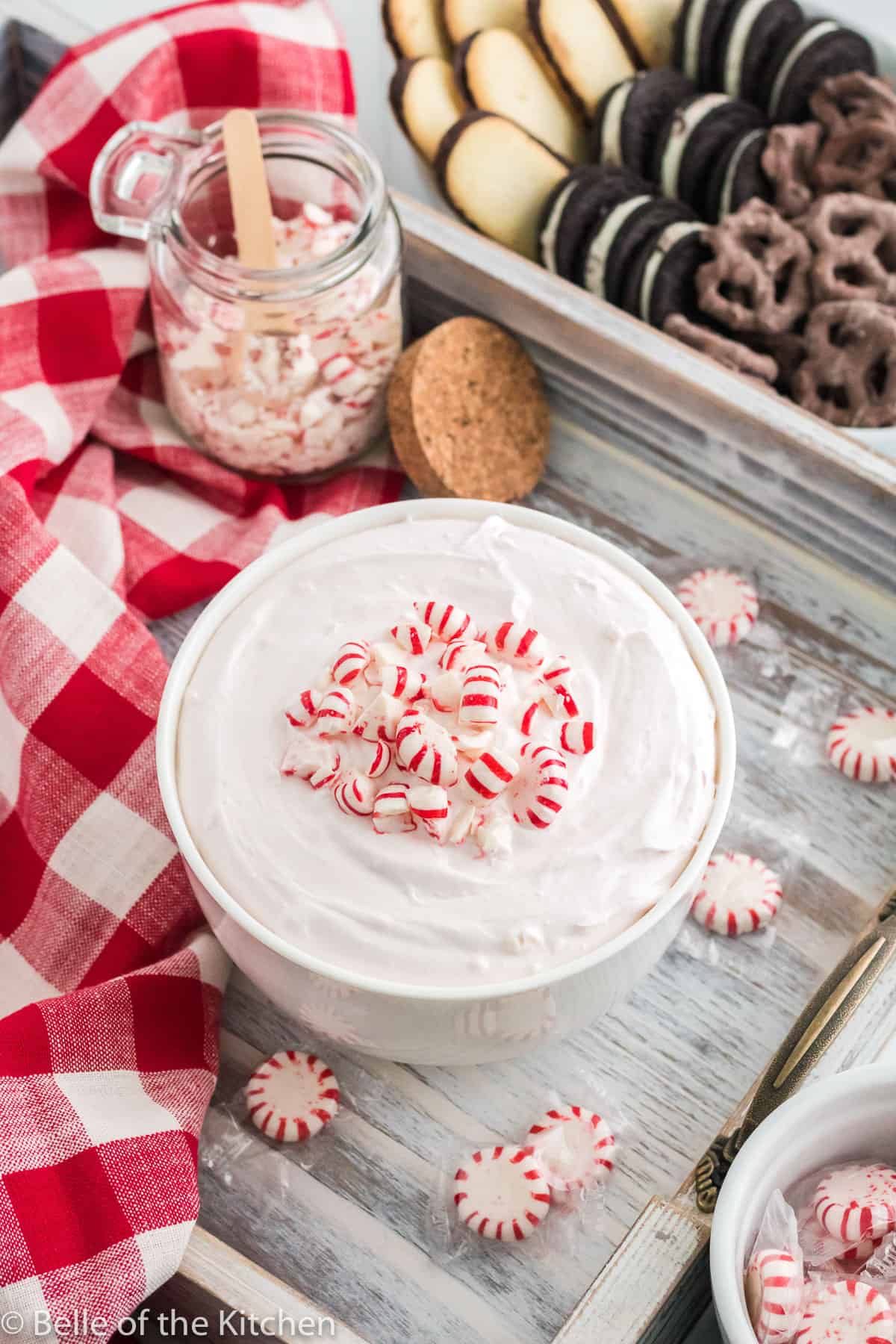 a white bowl holding peppermint cheesecake dip