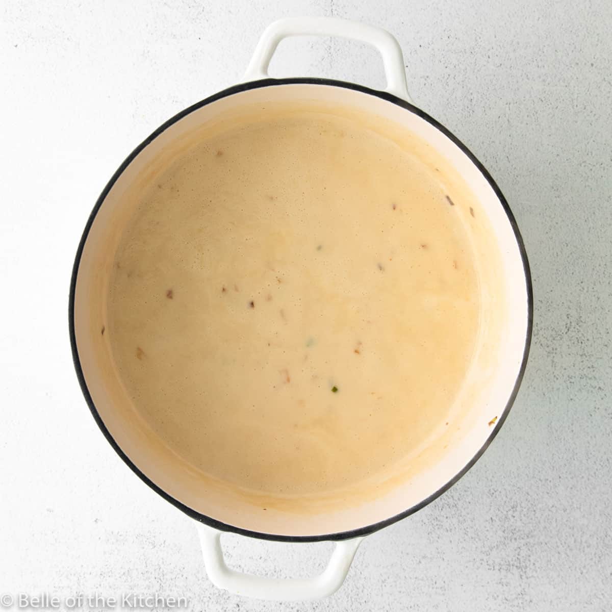 beer cheese soup in a dutch oven
