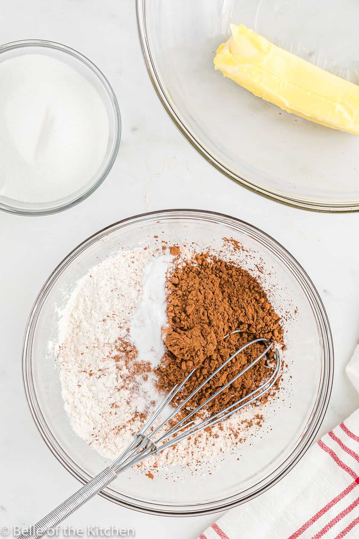 flour and cocoa powder in a glass bowl