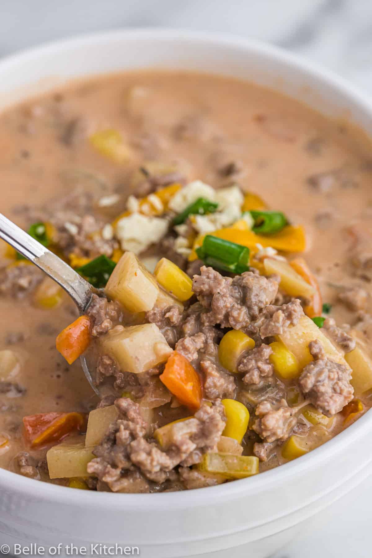 a spoon holding ground beef mixed with potatoes, carrots, and corn