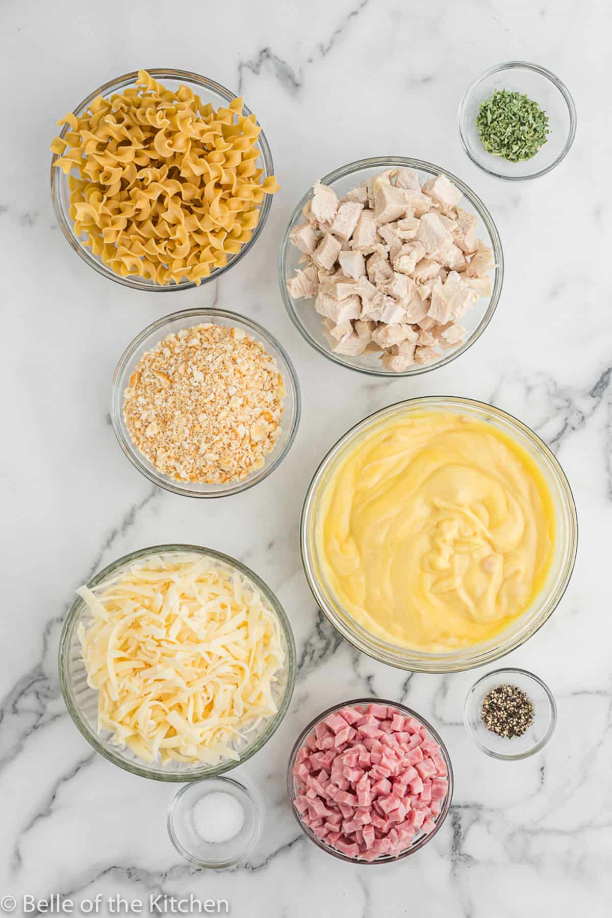 ingredients in glass bowls on a counter top
