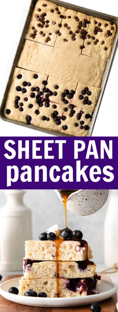 a sheet pan of pancake batter with blueberries and chocolate chips