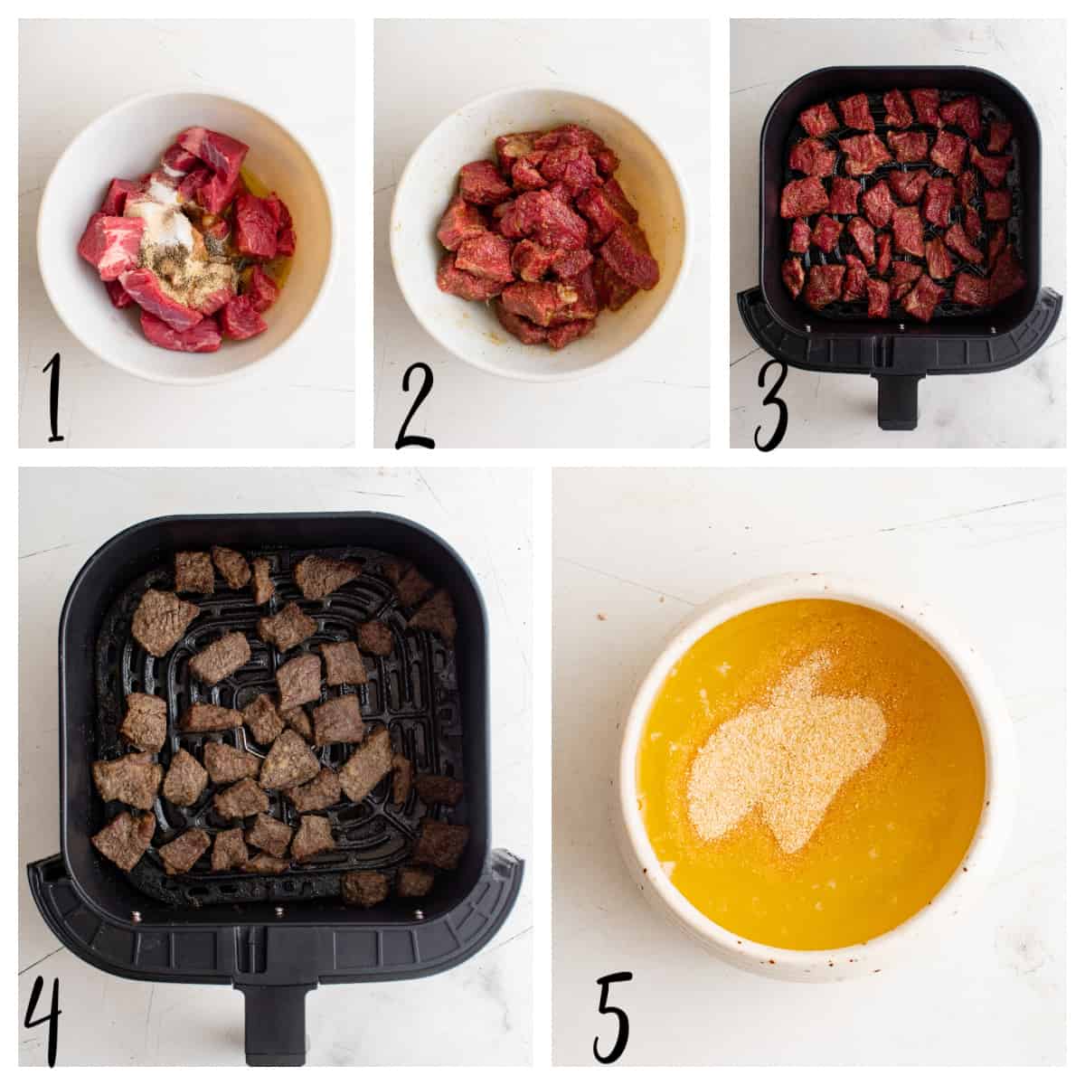 collage showing steps to make steak in the air fryer
