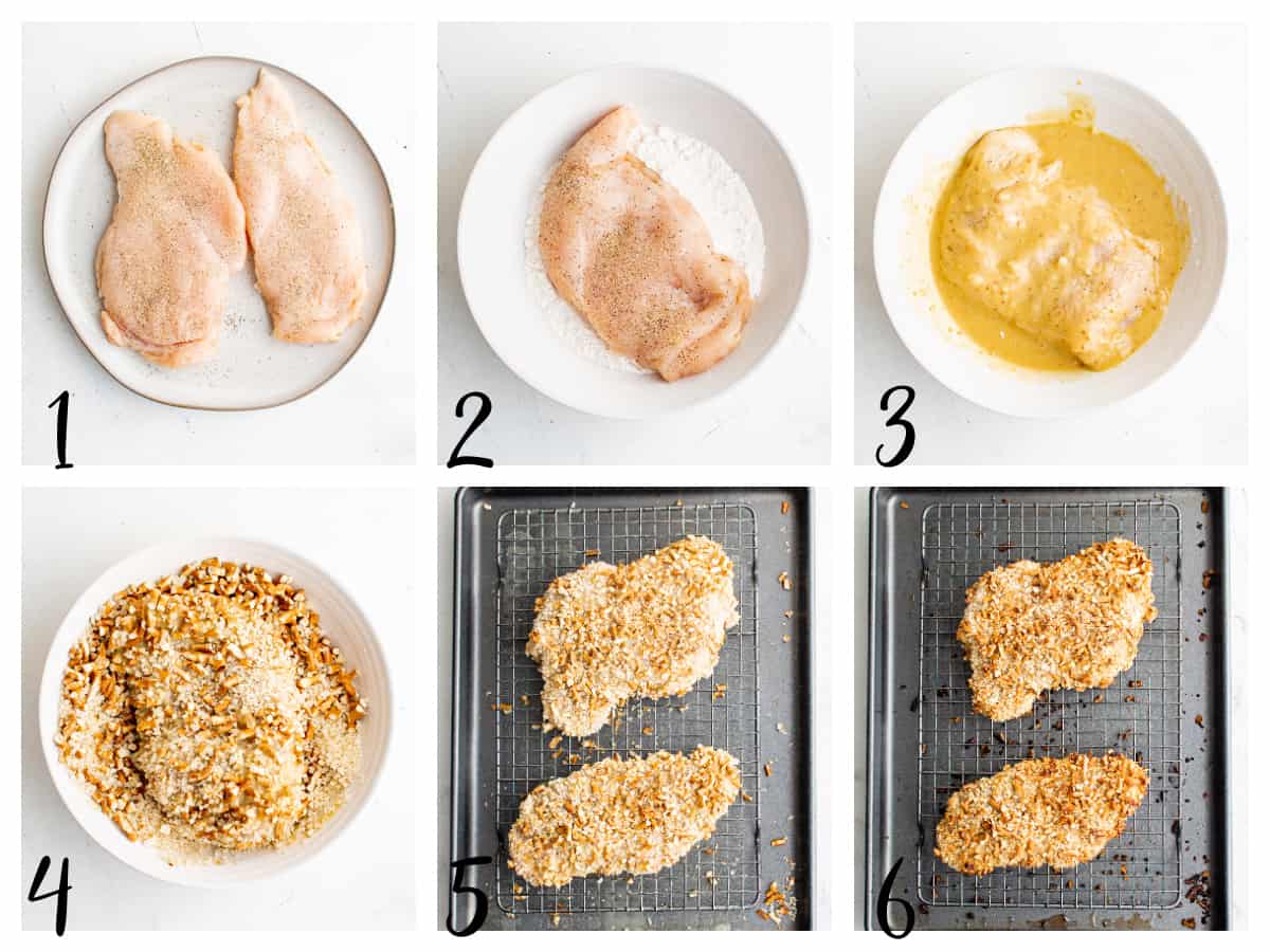 step by step photos of how to make pretzel crusted chicken
