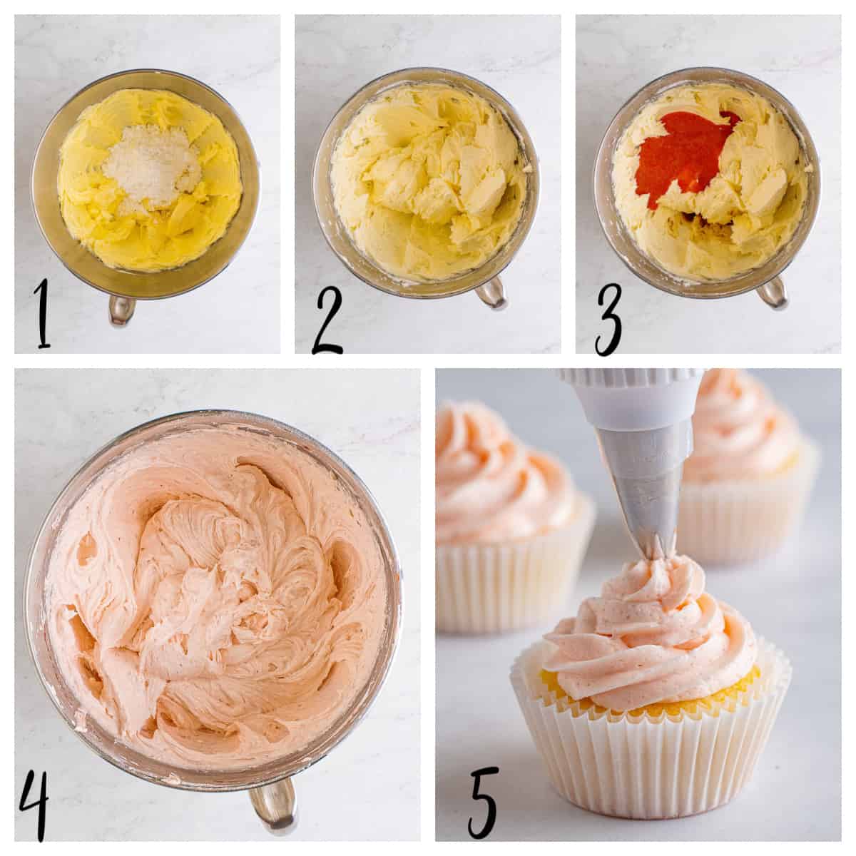 step by step collage for how to make strawberry buttercream frosting