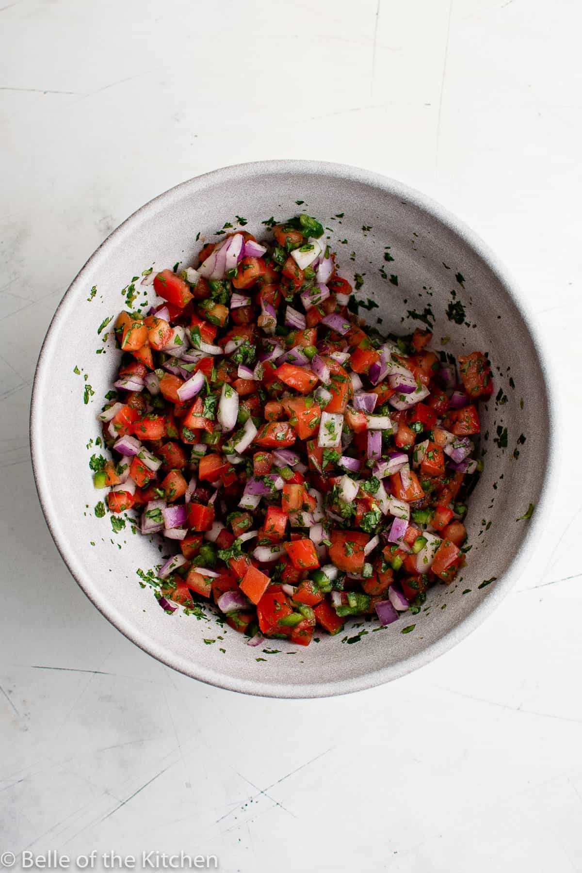 a bowl of mixed chopped tomatoes, onions, and cilantro