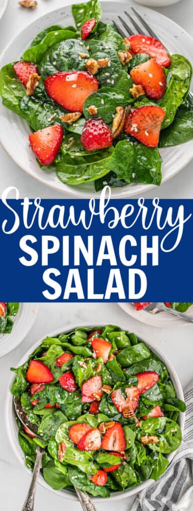 a white plate with a spinach salad topped with strawberries